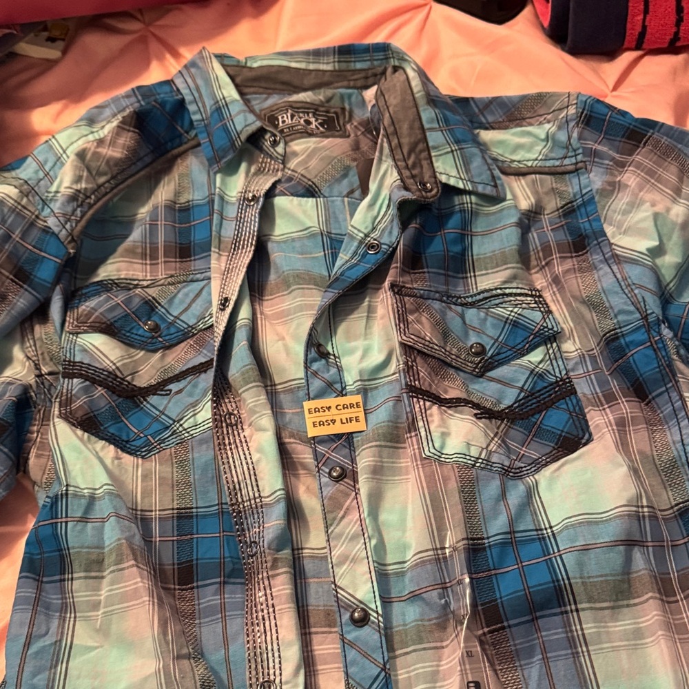 Black Label Men's Turquoise and Gray Plaid Shirt